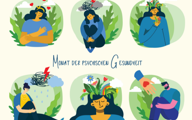 Illustration zum Monat der psychischen Gesundheit mit sechs Szenen, die emotionale Themen und Selbstfürsorge darstellen.