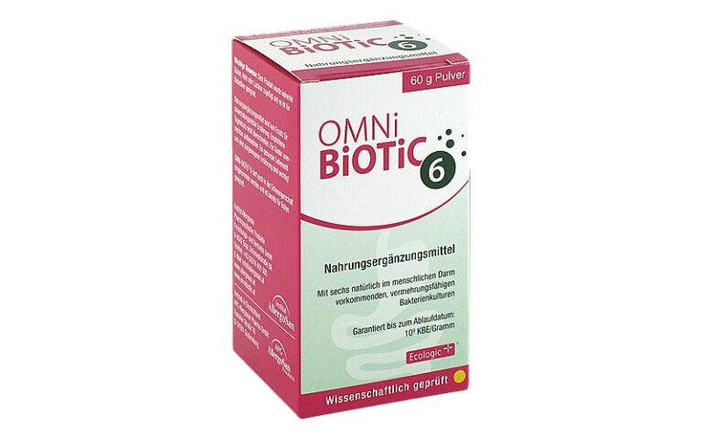 Verpackung von OMNi BiOTiC 6, einem Nahrungsergänzungsmittel in Pulverform, mit Information zur Anwendung.