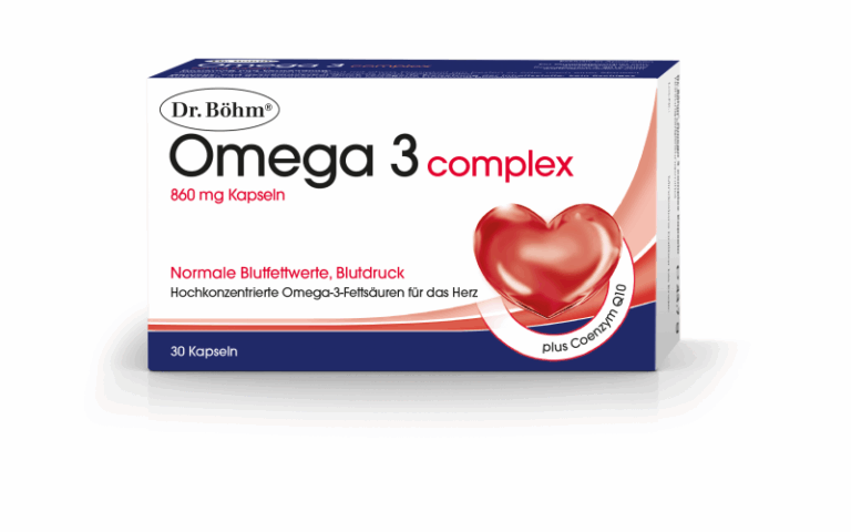 Verpackung von Dr. Böhm Omega 3 complex Kapseln, zur Unterstützung normaler Blutwerte, mit Herzsymbol.