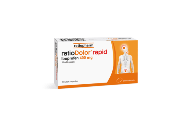 Packung ratioDolor® rapid mit Ibuprofen 400 mg, zeigt menschliche Silhouette mit Schmerzpunkten.
