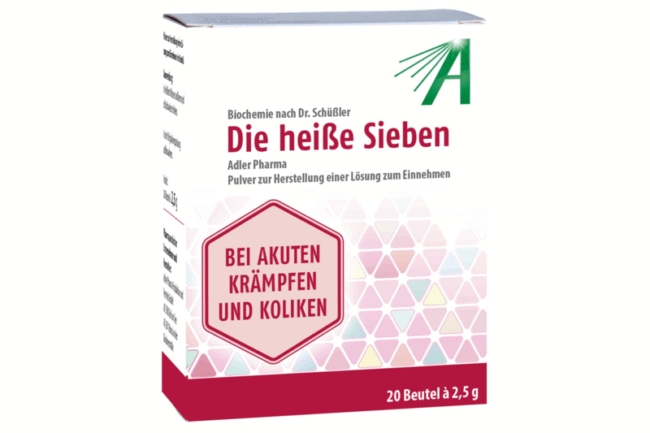 Verpackung von 'Die heiße Sieben', einem pulverförmigen Heilmittel zur Herstellung einer Lösung gegen Krämpfe und Koliken.