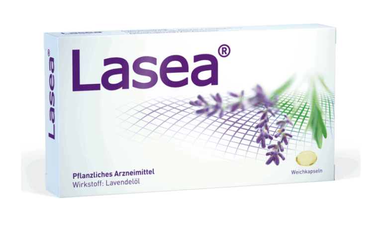 Verpackung von Lasea, einem pflanzlichen Arzneimittel mit Lavendelöl. Weichkapseln in der Box.