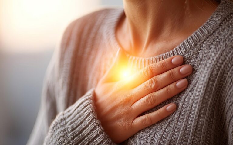 Eine Person in einem grauen Pullover legt die Hand auf ihr Herz, umgeben von warmem Licht.