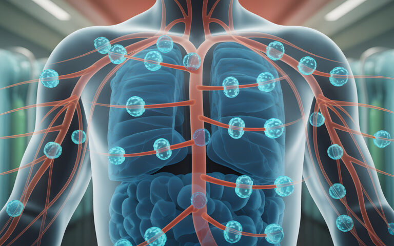 Darstellung des menschlichen Körpers mit hervorgehobenen Atemwegen, Blutgefäßen und Zellen in blau und rot.
