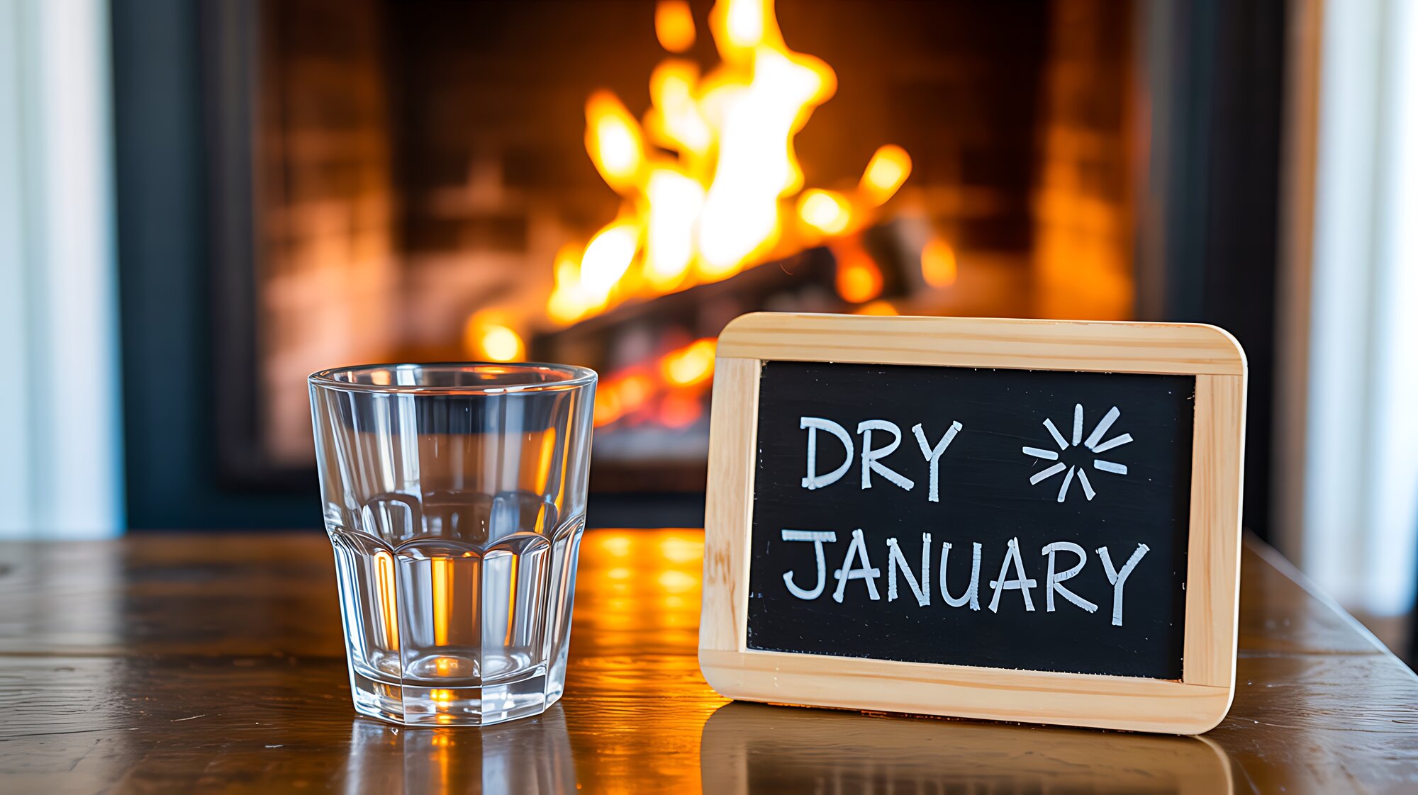 dry-january.jpeg Ein Glas Wasser steht neben einer Tafel mit der Aufschrift 'DRY JANUARY' vor einem Kaminfeuer.