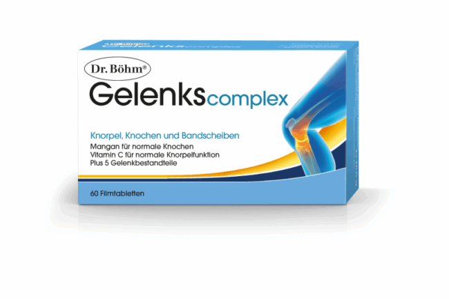 Verpackung von Dr. Böhm Gelenkscomplex für Knorpel, Knochen und Bandscheiben mit 60 Filmtabletten.