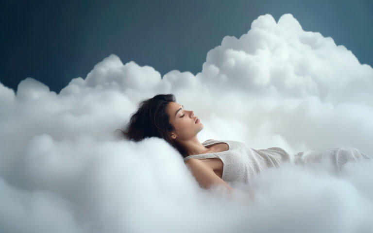 Frau in einem weißen Kleid, die entspannt auf weichen, grauen Wolken liegt, mit geschlossenen Augen und einem friedlichen Ausdruck.