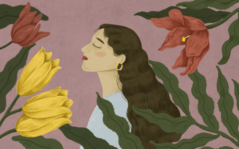 Eine Frau mit langen Haaren ist umgeben von bunten Blumen auf einem rosa Hintergrund.