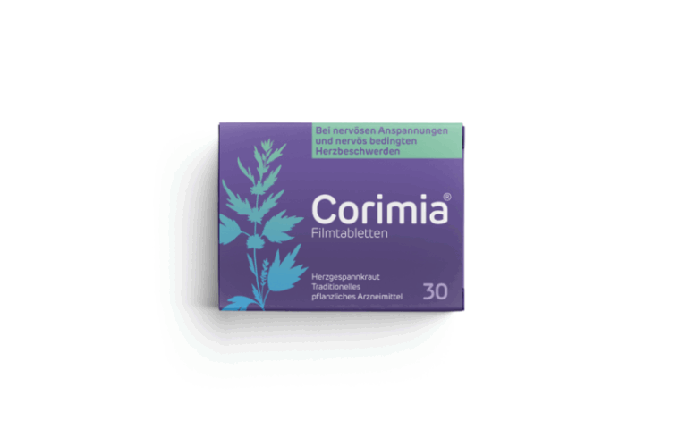 Verpackung von Corimia Filmtabletten mit pflanzlichem Arzneimittel für nervöse Spannungen und Herzbeschwerden.