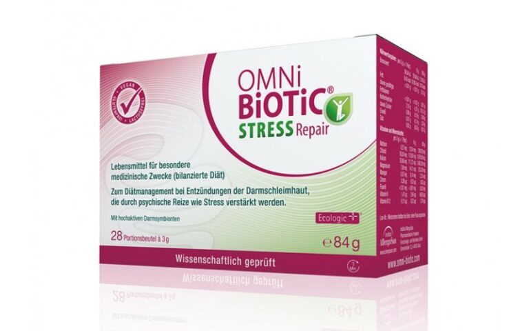 Verpackung eines Nahrungsergänzungsmittels für den Stressabbau mit Darmbakterien, vegan, enthält 28 Portionen.