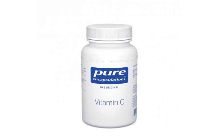 Weißer Kunststoffbehälter mit Vitamin C von Pure Encapsulations und blauem Etikett.