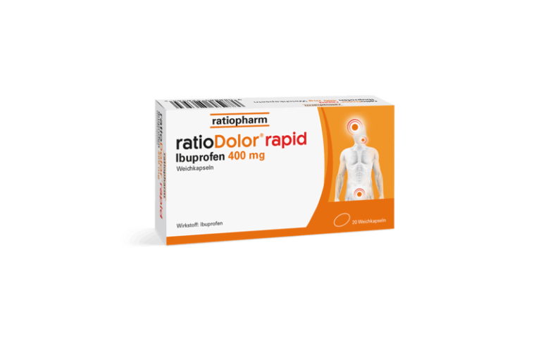 Packung ratioDolor® rapid mit Ibuprofen 400 mg, zeigt menschliche Silhouette mit Schmerzpunkten.