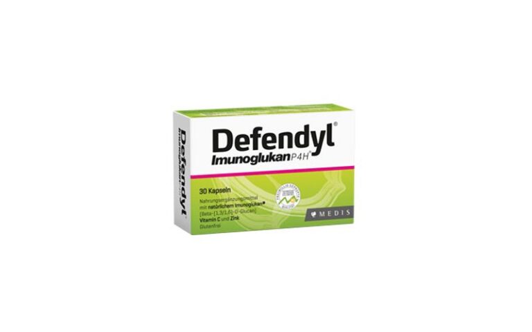 Packung Defendyl Immunoglukans mit 30 Kapseln, enthält Vitamin C und Zink, glutenfrei, grüne und weiße Gestaltung.