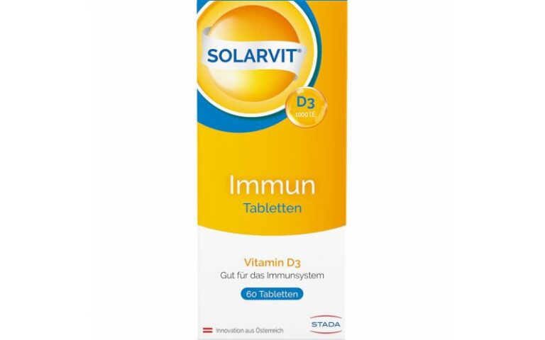 Packung mit Solarvit D3 Tabletten für das Immunsystem in leuchtendem Gelb und Blau.