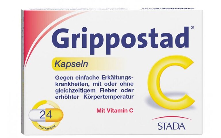 Verpackung von Grippostad C Kapseln zur Behandlung von Erkältungen, mit Hinweis auf Vitamin C.