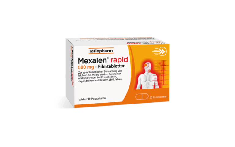 Packung Mexalen rapid 500 mg Filmtabletten zur Behandlung von Schmerzen und Fieber, mit orangefarbenem Design.