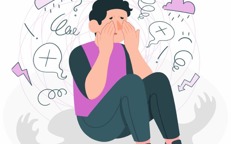 Eine Person sitzt mit gesenktem Kopf und Händen im Gesicht, umgeben von wirren Gedanken und Symbolen von Stress.