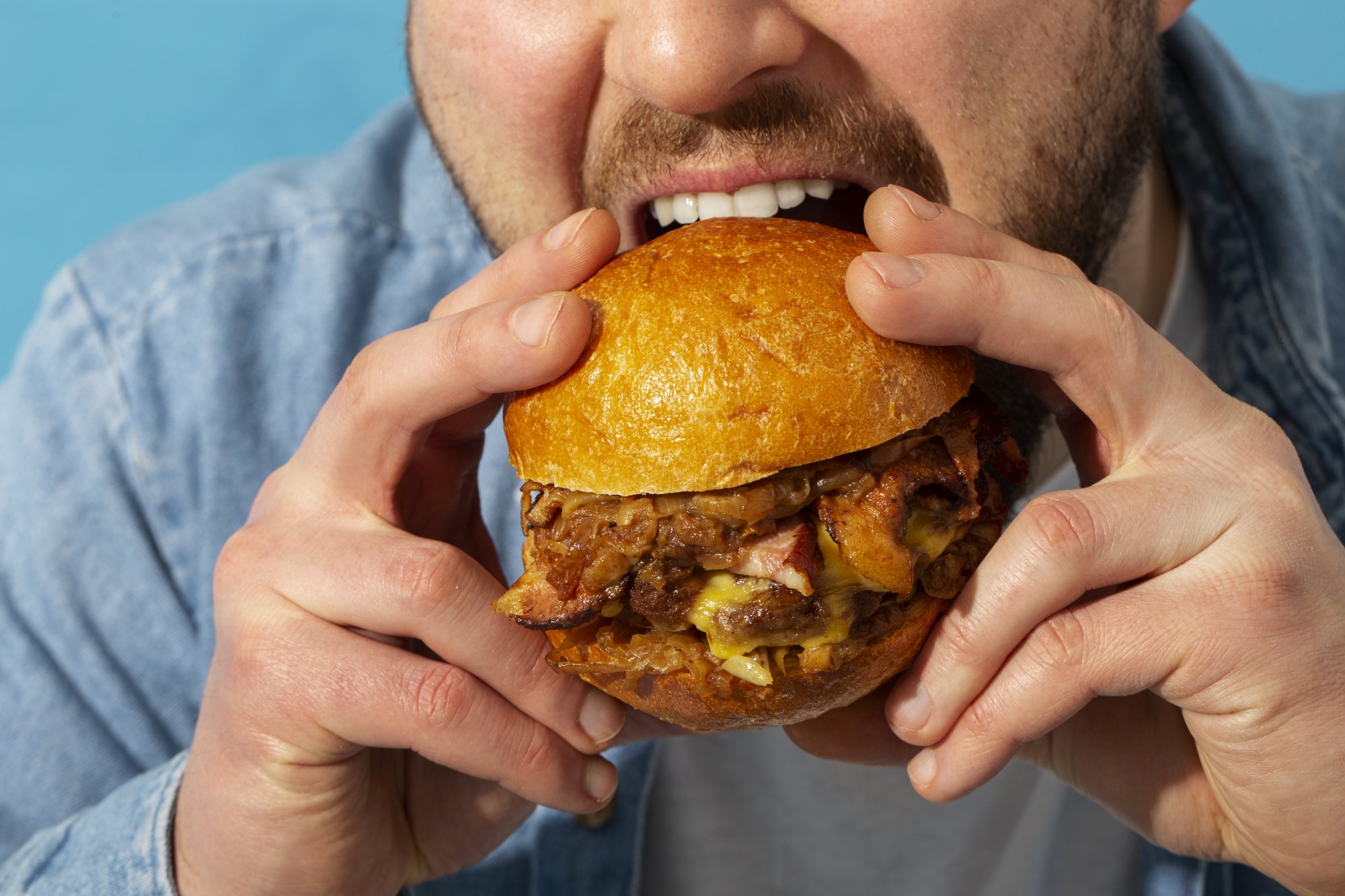 Tierische_Fette__1_.jpg Eine Person hält einen saftigen Burger mit einem goldenen Brötchen und beabsichtigt, ihn zu essen.