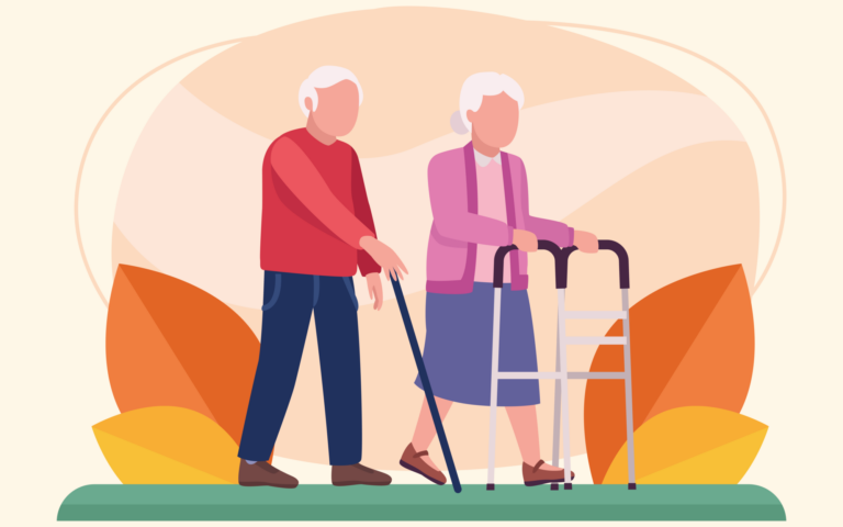 Ein älteres Paar geht zusammen, der Mann mit einem Gehstock und die Frau mit einem Rollator, umgeben von bunten Laubblättern.