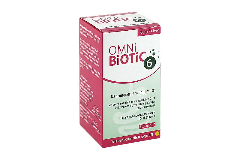 Verpackung von OMNi BiOTiC 6, einem Nahrungsergänzungsmittel in Pulverform, mit Information zur Anwendung.