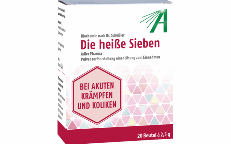 Verpackung von 'Die heiße Sieben', einem pulverförmigen Heilmittel zur Herstellung einer Lösung gegen Krämpfe und Koliken.