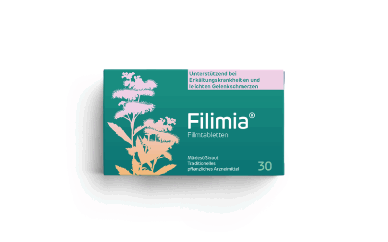 Verpackung von Filimia Filmtabletten mit Pflanzenmotiven, unterstützt bei Erkältungen und Gelenkschmerzen.