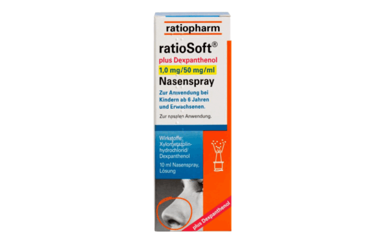 Verpackung eines Nasensprays von ratiopharm, enthält Dexpanthenol für Erwachsene und Kinder ab 6 Jahren zur nasalen Anwendung.