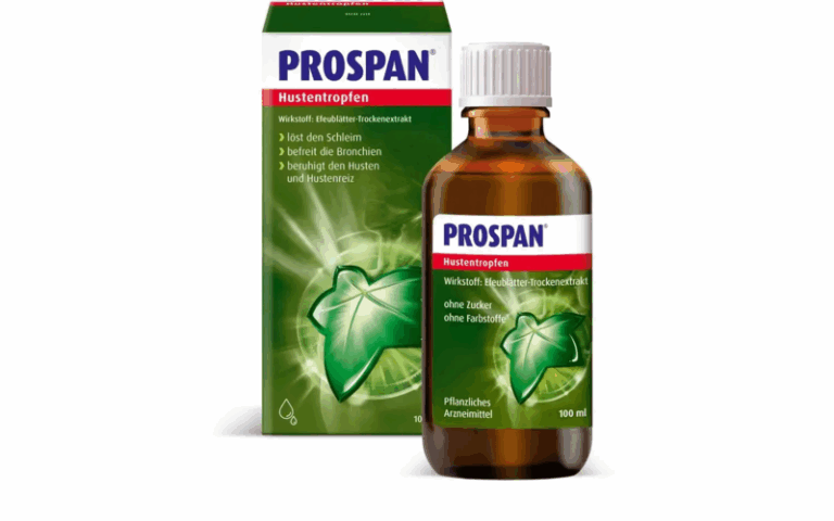 PROSPAN Hustentropfen in einer braunen Flasche neben der grünen Verpackung mit Efeublättern und Anwendungsinformationen.