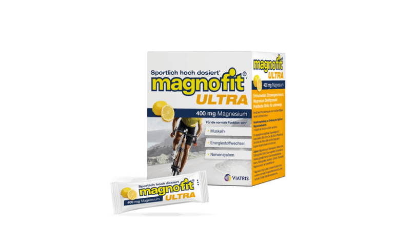 Verpackung von magnofit ULTRA mit Zitronengeschmack und einem Stick für Magnesiumaufnahme während sportlicher Aktivitäten.