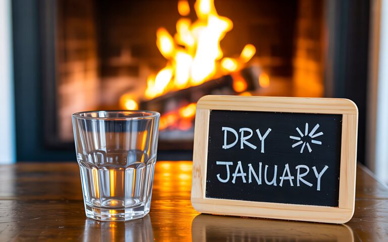 Ein Glas Wasser steht neben einer Tafel mit der Aufschrift 'DRY JANUARY' vor einem Kaminfeuer.
