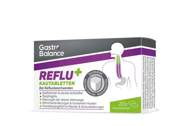Verpackung von GastroBalance REFLU+ Kautabletten zur Linderung von Refluxbeschwerden, mit Hinweis auf Barriere und Neutralisation.
