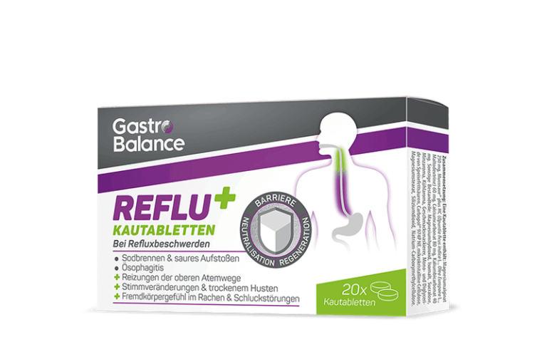 Verpackung von GastroBalance REFLU+ Kautabletten zur Linderung von Refluxbeschwerden, mit Hinweis auf Barriere und Neutralisation.